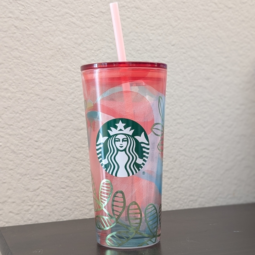 NWT *RARE* Starbucks GLASS Cold Cup Pink and Green Tumbler